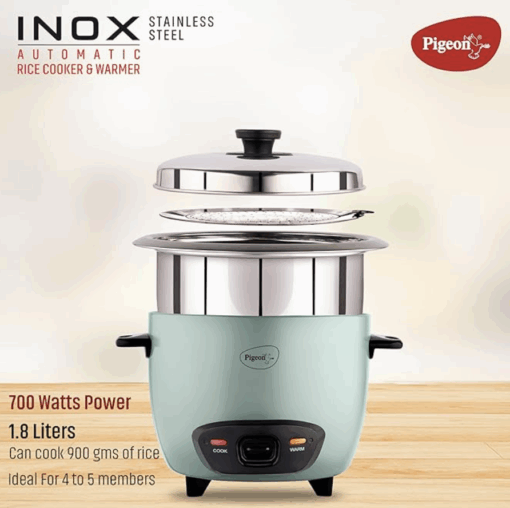 Pigeon Inox Rice Cooker with Double pot, 1.8 litres | Stainless Steel Lid | 700 Watts | 2 Steel Cooking Pot | Measuring Cup | Spatula | Energy Efficient Cooking - Image 2